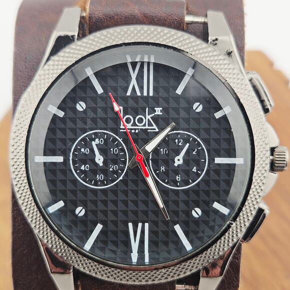 Look Men's Wide Leather Ban Watch Black Brown Bold Multidial Statement GH410 - Picture 2 of 6